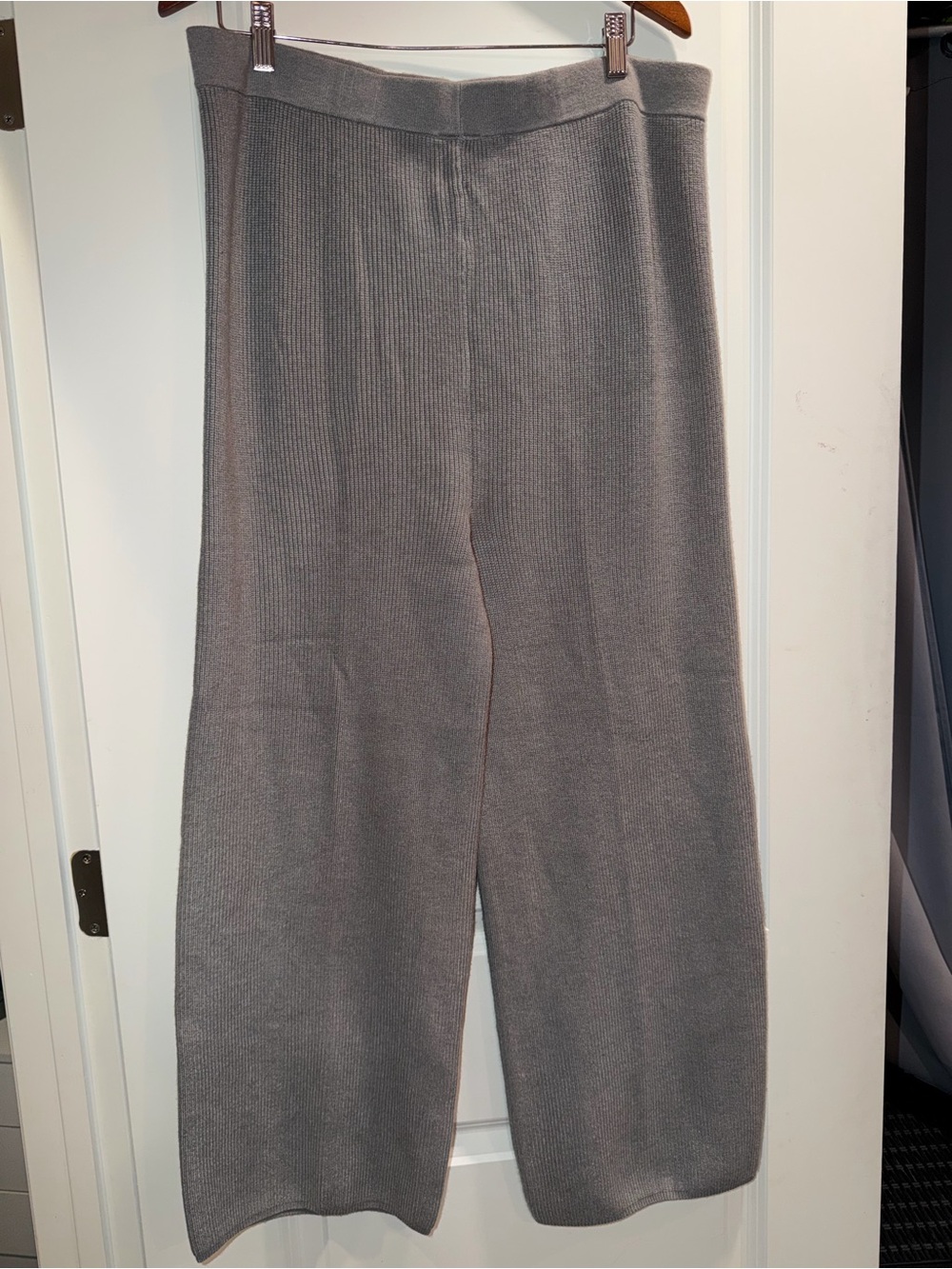 Gray Ribbed Wide-Leg Knit Pants